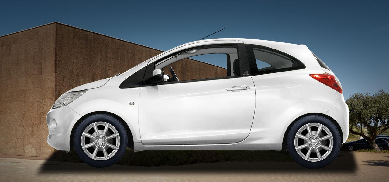Na ilustracji: KA (RU8), od 2008 r. – Ford KA, poglądowa wizualizacja auta z felgami DEZENT TN silver