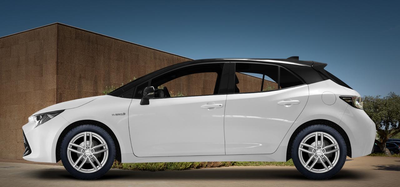 Na ilustracji: COROLLA (ZE1HE(EU,M);ZE1HE(EU,M)-TMG), od 2019 r. – Toyota Corolla, poglądowa wizualizacja auta z felgami DEZENT TR silver