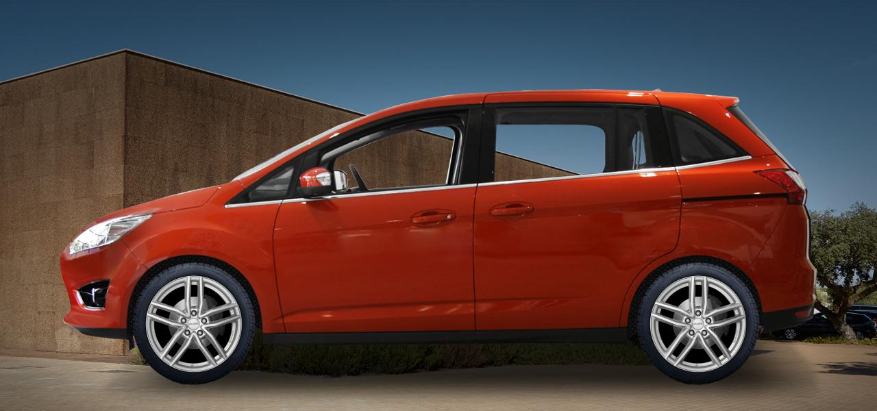 Na ilustracji: C-MAX GRAND (DXA), od 2010 r. – Ford Grand C-Max, poglądowa wizualizacja auta z felgami DEZENT TR silver