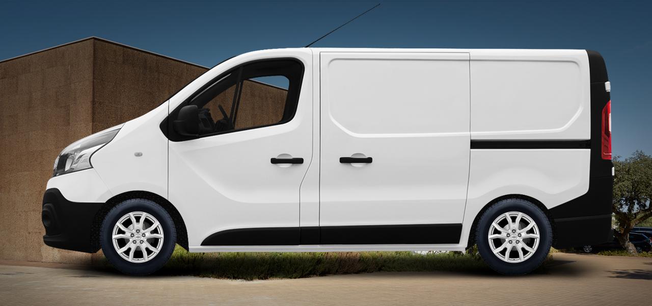 Na ilustracji: TRAFIC;TRAFIC VAN (JL;L), od 2014 r. – Renault Trafic, poglądowa wizualizacja auta z felgami DEZENT TV silver