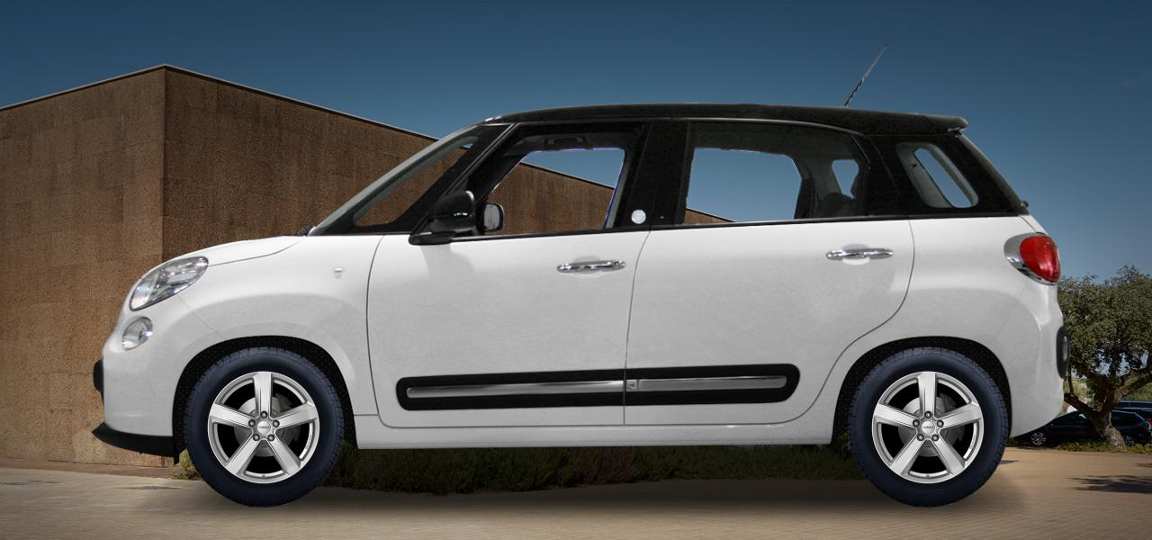 Na ilustracji: 500L (199), od 2012 r. – Fiat 500l, poglądowa wizualizacja auta z felgami DEZENT TU silver
