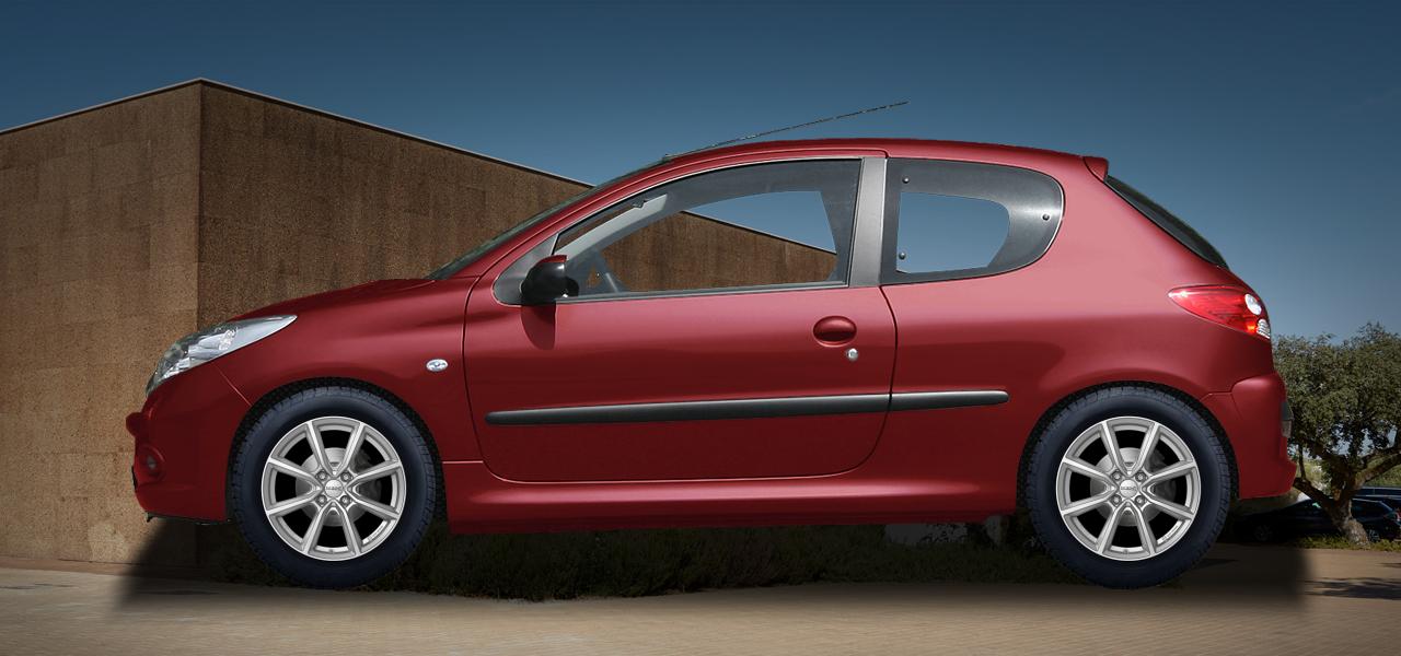 Na ilustracji: 206+ (2*;2), od 2009 r. – Peugeot 206, poglądowa wizualizacja auta z felgami DEZENT TN silver