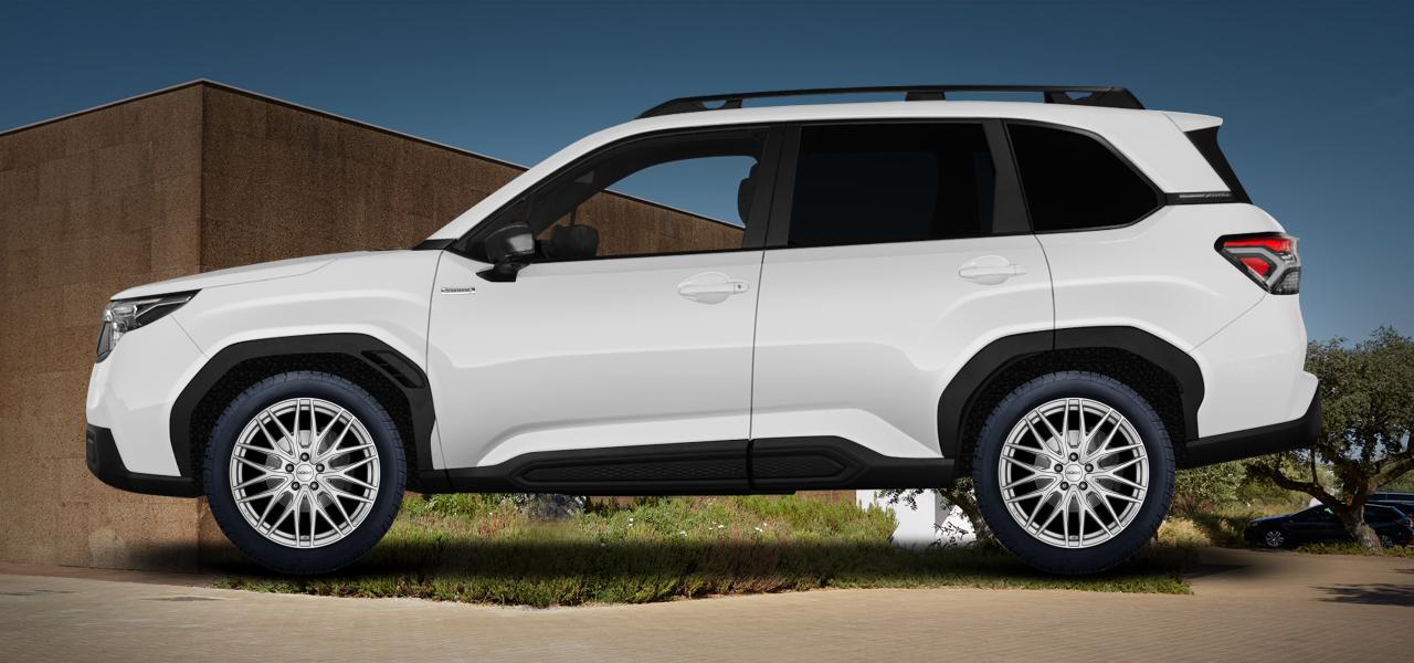 Na ilustracji: FORESTER (S6), od 2024 r. – Subaru Forester, poglądowa wizualizacja auta z felgami DEZENT KY silver