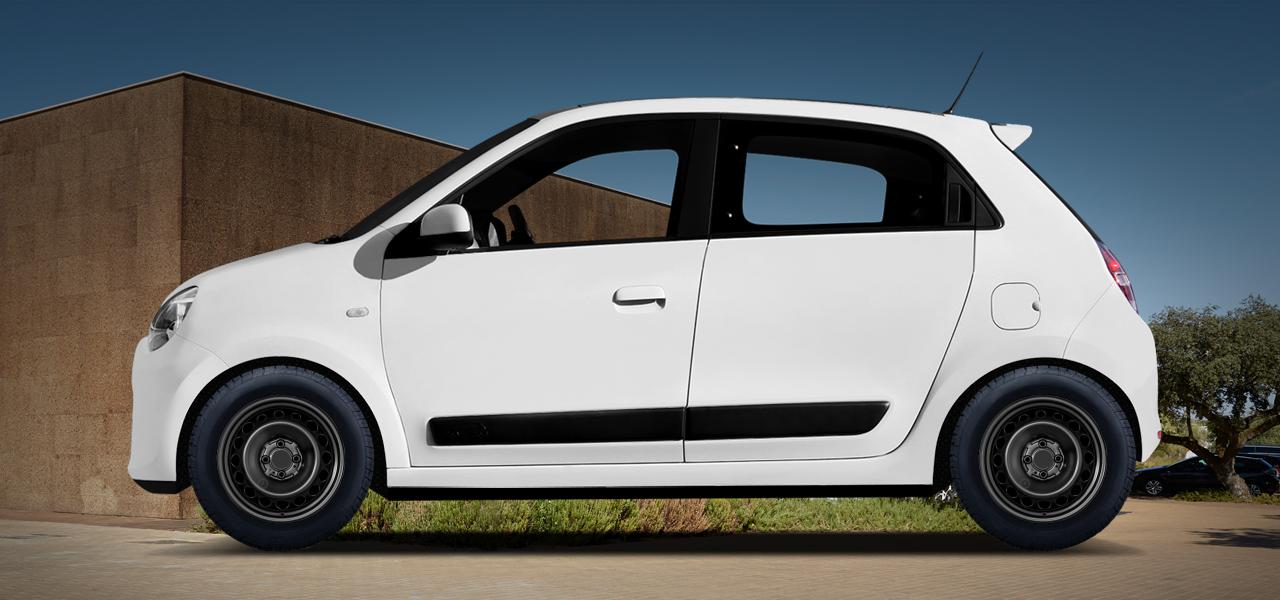 Na ilustracji: TWINGO (AH), od 2014 r. – Renault Twingo, poglądowa wizualizacja auta z felgami ALCAR STAHLRAD 4001-4002