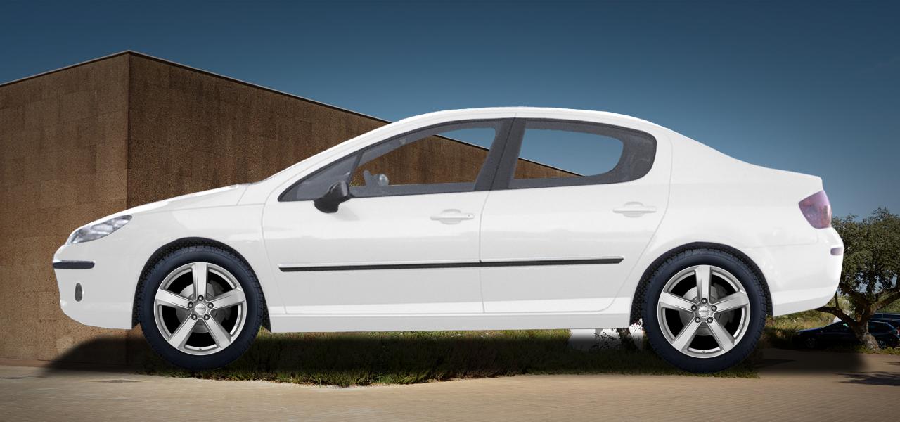 Na ilustracji: 407 (6*), od 2004 r. – Peugeot 407, poglądowa wizualizacja auta z felgami DEZENT TU silver