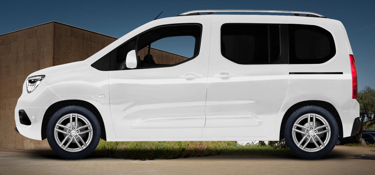 Na ilustracji: COMBO/COMBO Life E (E), od 2018 r. – Opel Combo, poglądowa wizualizacja auta z felgami DEZENT TR silver