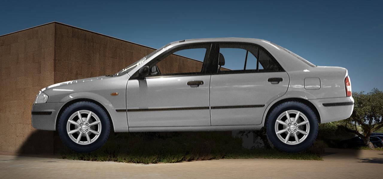 Na ilustracji: 323 (BJ;BJD), od 1998 r. – Mazda 323, poglądowa wizualizacja auta z felgami DEZENT TN silver