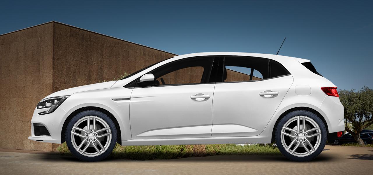 Na ilustracji: MEGANE (RFB), od 2016 r. – Renault Megane, poglądowa wizualizacja auta z felgami DEZENT TR silver