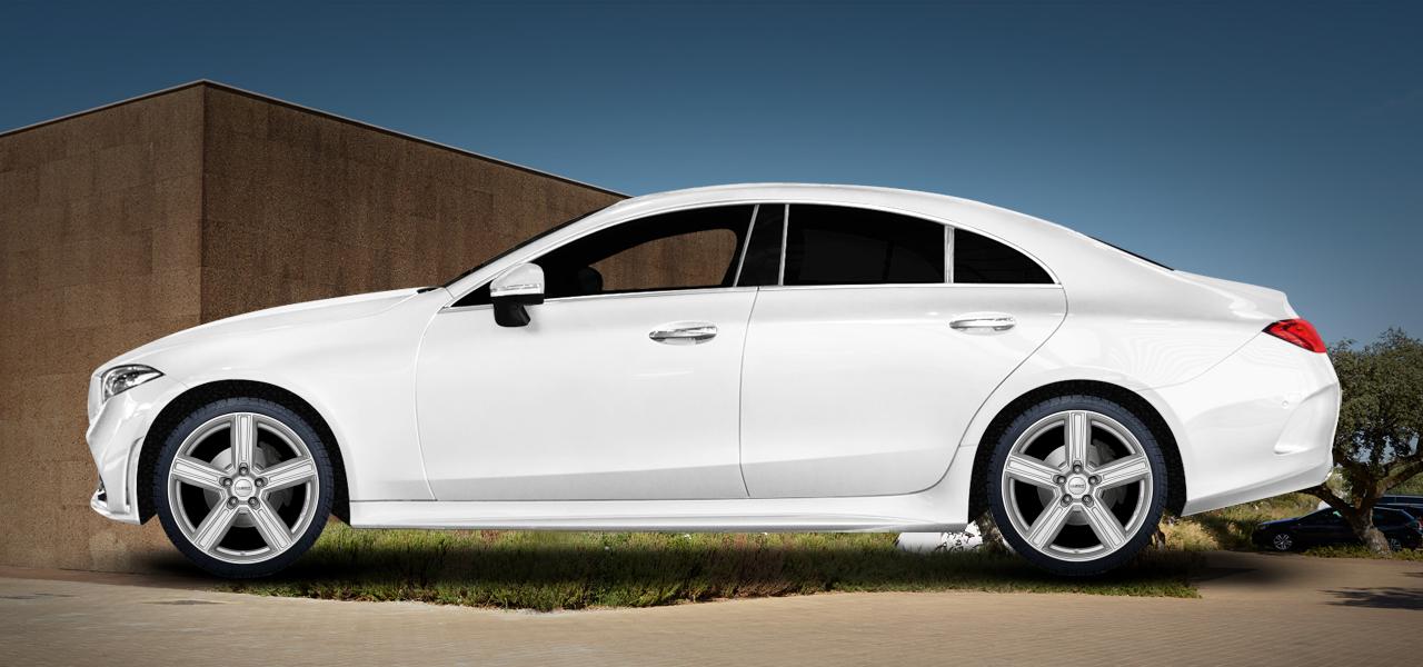 Na ilustracji: CLS (C257) (R1ECLS), od 2018 r. – Mercedes-Benz CLS, poglądowa wizualizacja auta z felgami DEZENT KG silver