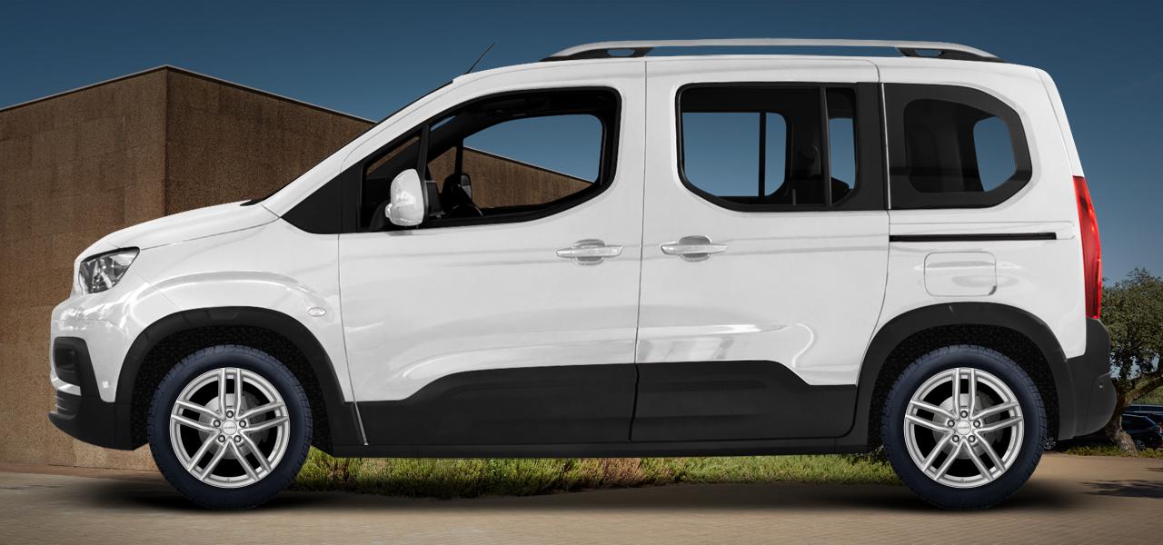 Na ilustracji: PARTNER;RIFTER (E), od 2018 r. – Peugeot Partner, poglądowa wizualizacja auta z felgami DEZENT TR silver