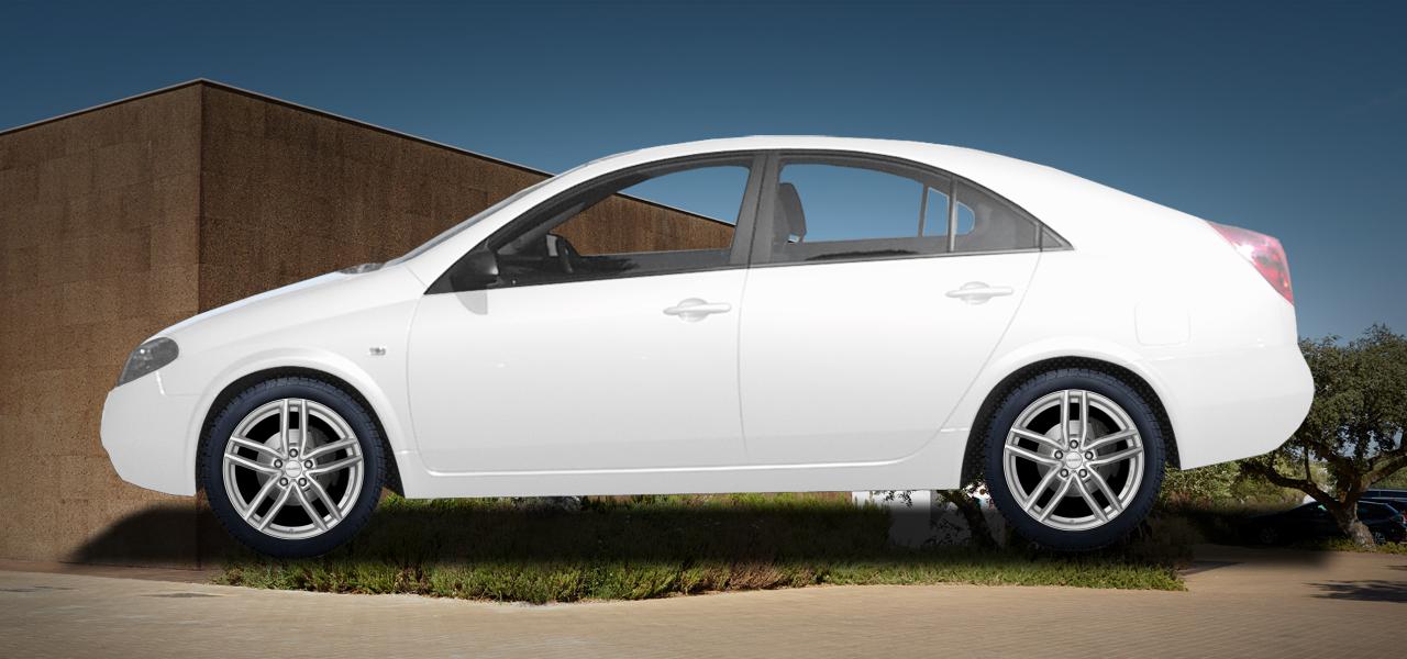 Na ilustracji: PRIMERA (P12), od 2002 r. – Nissan Primera, poglądowa wizualizacja auta z felgami DEZENT TR silver