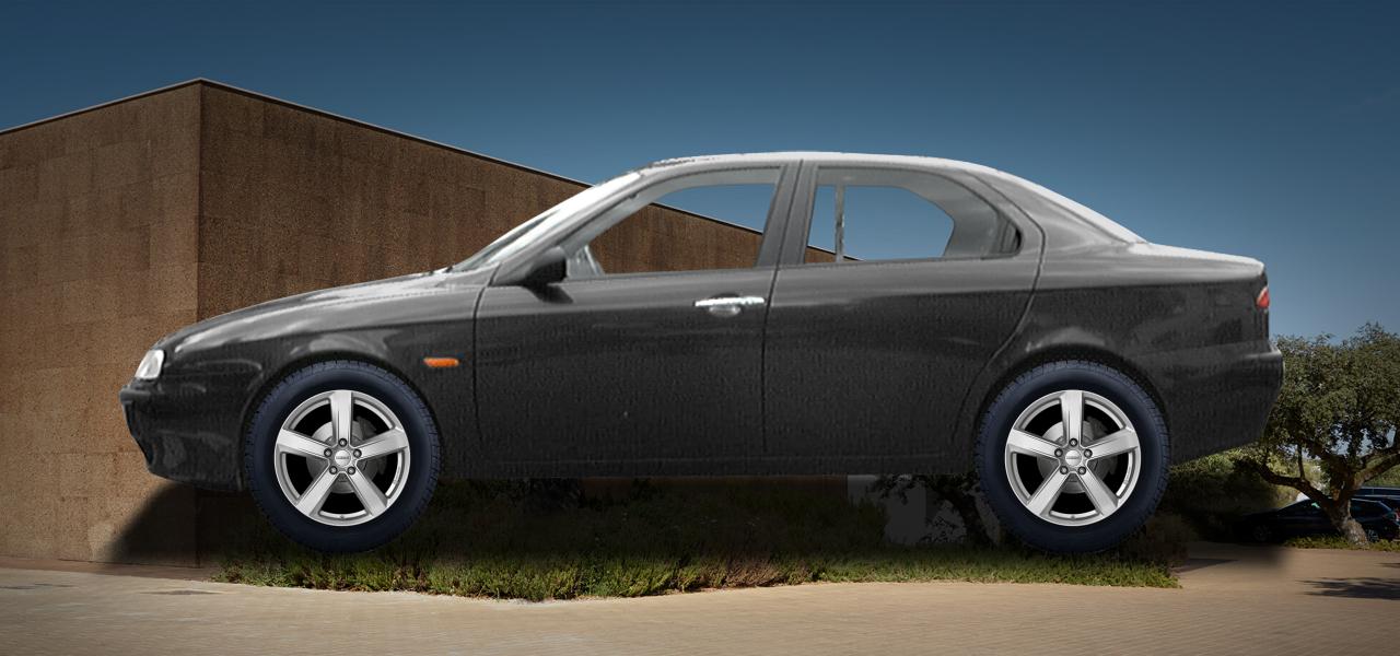 Na ilustracji: 156 (932), od 1997 r. – Alfa Romeo 156, poglądowa wizualizacja auta z felgami DEZENT TU silver