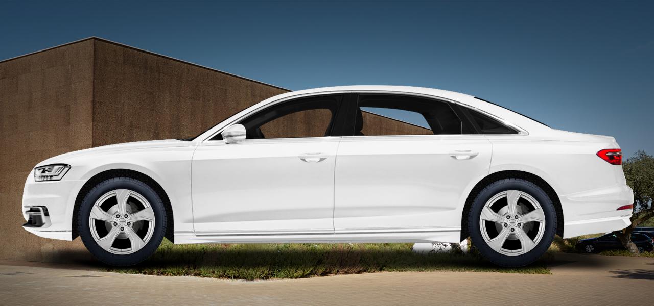 Na ilustracji: A8/S8 (F8), od 2017 r. – Audi A8, poglądowa wizualizacja auta z felgami DEZENT KB silver