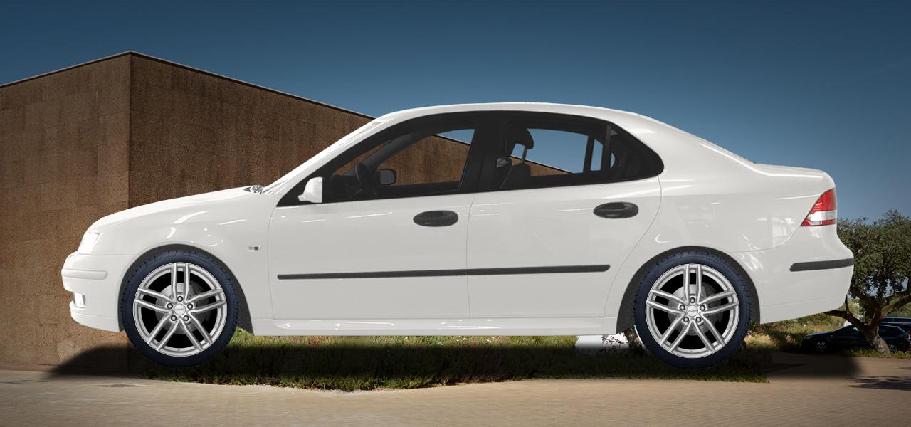 Na ilustracji: 9-3 (YS3F), od 2002 r. – Saab 9-3, poglądowa wizualizacja auta z felgami DEZENT TR silver