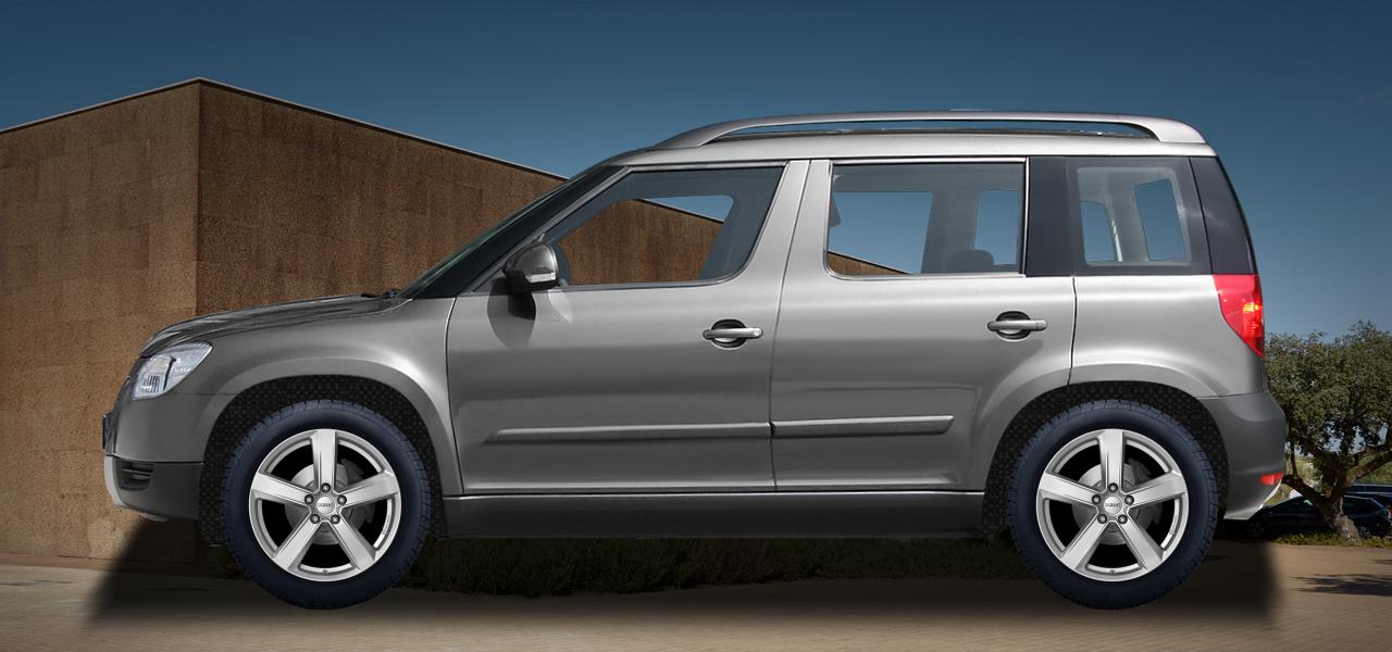 Na ilustracji: YETI (5L), od 2009 r. – Škoda Yeti, poglądowa wizualizacja auta z felgami DEZENT TU silver