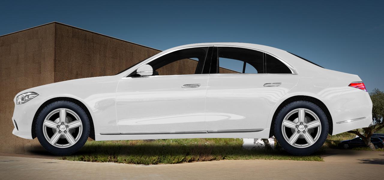 Na ilustracji: S-KLASSE (W223) (R2S), od 2020 r. – Mercedes-Benz S, poglądowa wizualizacja auta z felgami DEZENT KG silver