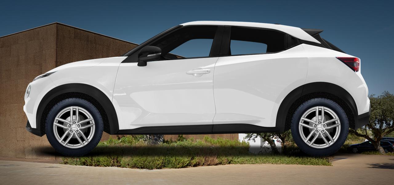 Na ilustracji: JUKE (F16), od 2019 r. – Nissan Juke, poglądowa wizualizacja auta z felgami DEZENT TR silver