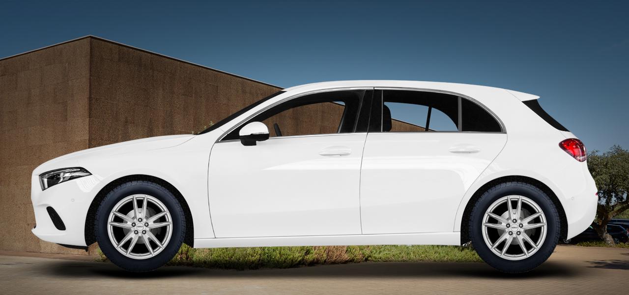 Na ilustracji: A-KLASSE (W177) (F2A), od 2018 r. – Mercedes-Benz A, poglądowa wizualizacja auta z felgami DEZENT KF silver