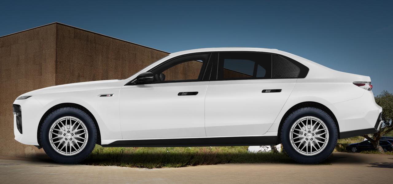Na ilustracji: 7 (G70) (G7L), od 2022 r. – BMW 730, poglądowa wizualizacja auta z felgami DEZENT KY silver