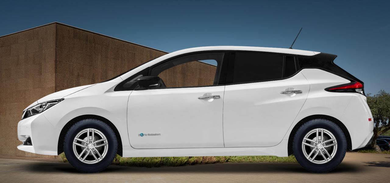 Na ilustracji: LEAF (ZE1), od 2018 r. – Nissan Leaf, poglądowa wizualizacja auta z felgami DEZENT TR silver