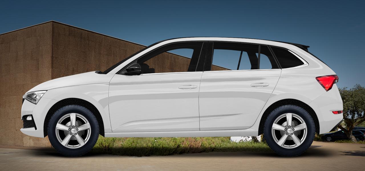 Na ilustracji: SCALA (NW), od 2019 r. – Škoda Scala, poglądowa wizualizacja auta z felgami DEZENT TU silver