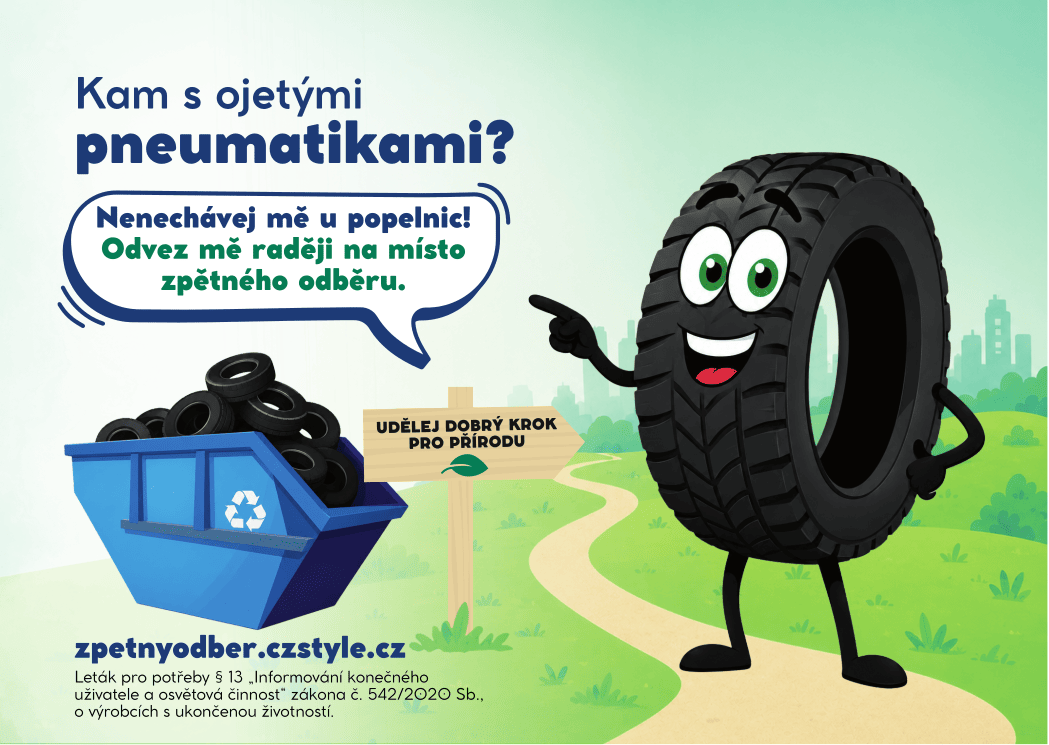 Osvětový leták „Kam s ojetými pneumatikami?“ — nenechávejte odpadní pneumatiky u popelnic, odvezte je na místo zpětného odběru.