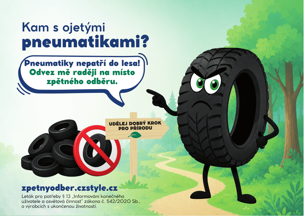 Osvětový leták „Kam s ojetými pneumatikami?“ — pneumatiky nepatří do lesa ani do přírody, odvezte je na místo zpětného odběru.