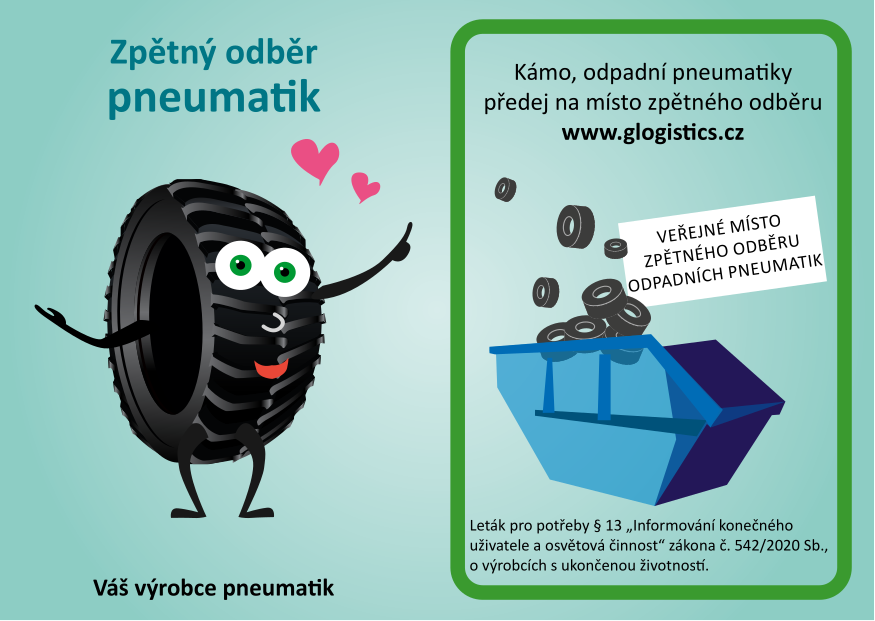 Osvětový leták: odpadní pneumatiky předejte na veřejné místo zpětného odběru odpadních pneumatik.